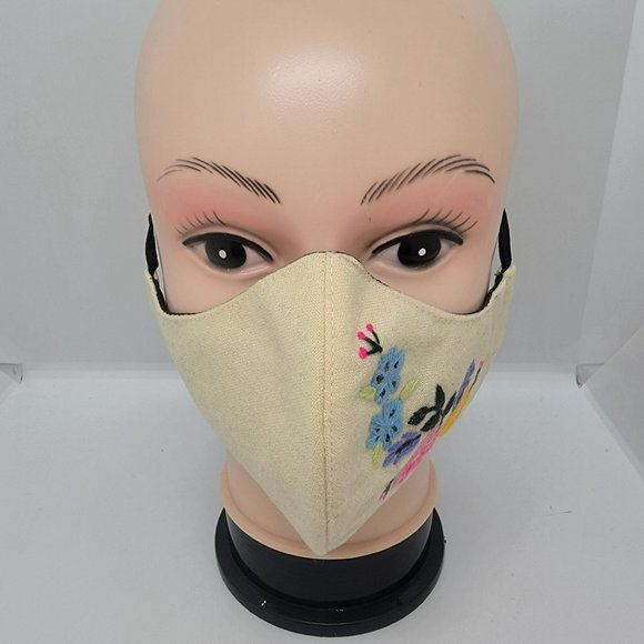 New Face cover ear loop Cream Mask Women's Embroidered handmade garden flowers - Picture 2 of 6